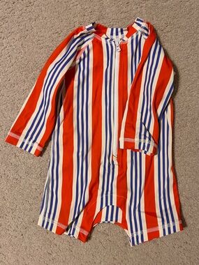 Hanna Andersson Striped Baby Rash-Guard Onsie Swimsuit red white & blue